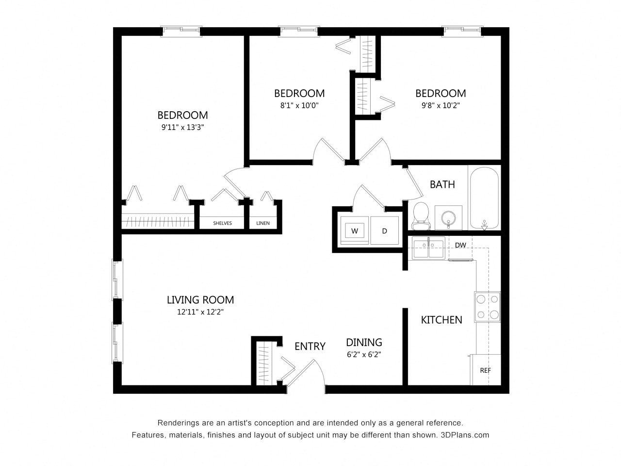 Floor plan for 3 beds, 1 bath, 920 sqft